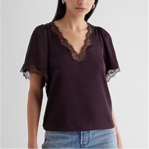 Satin Lace Trim V-Neck Short Sleeve Top